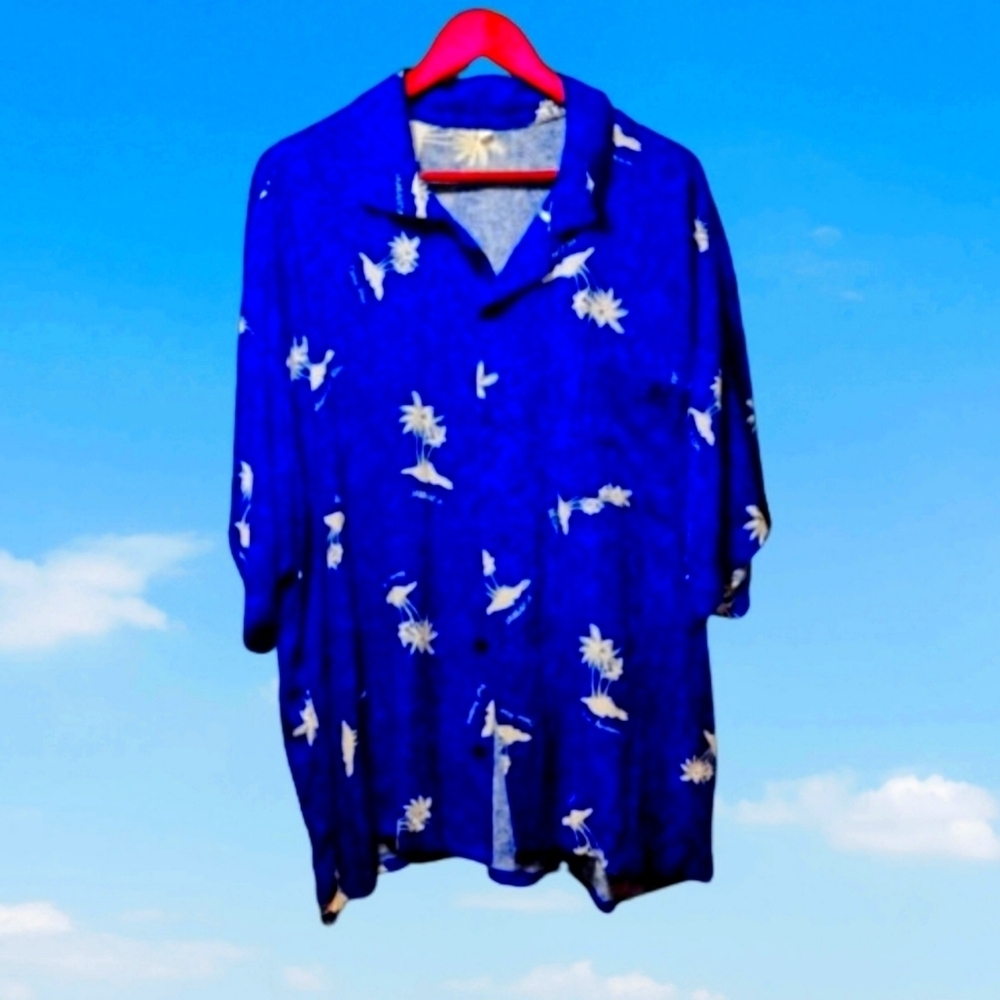 XL Brilliant Blue Hawaiian Aloha Shirt with Jamaican Islands Pattern